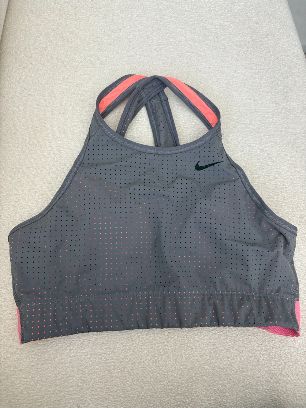Nike Gray Sports Bra Orange Pink Contrast High-Neck Perforated Design size M